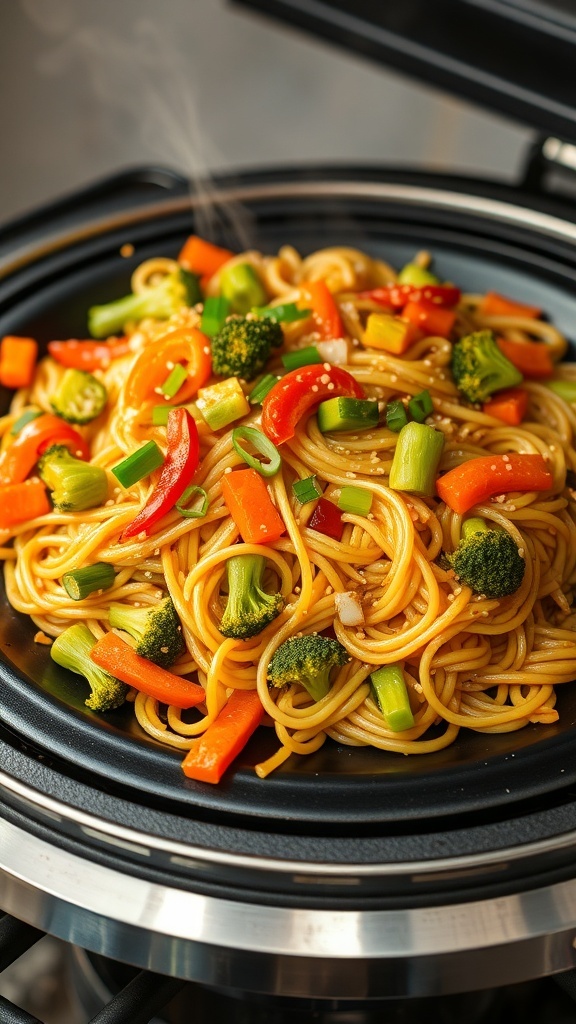 Stir-Fried Noodles on a Blackstone Grill Stir-fried noodles with vegetables on a Blackstone grill, garnished with green onions and sesame seeds.